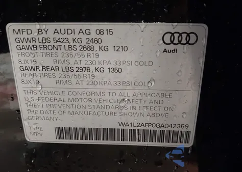 2016 Audi Q5 2.0T Premium из США, поврежденный, VIN WA1L2AFP0GA042359